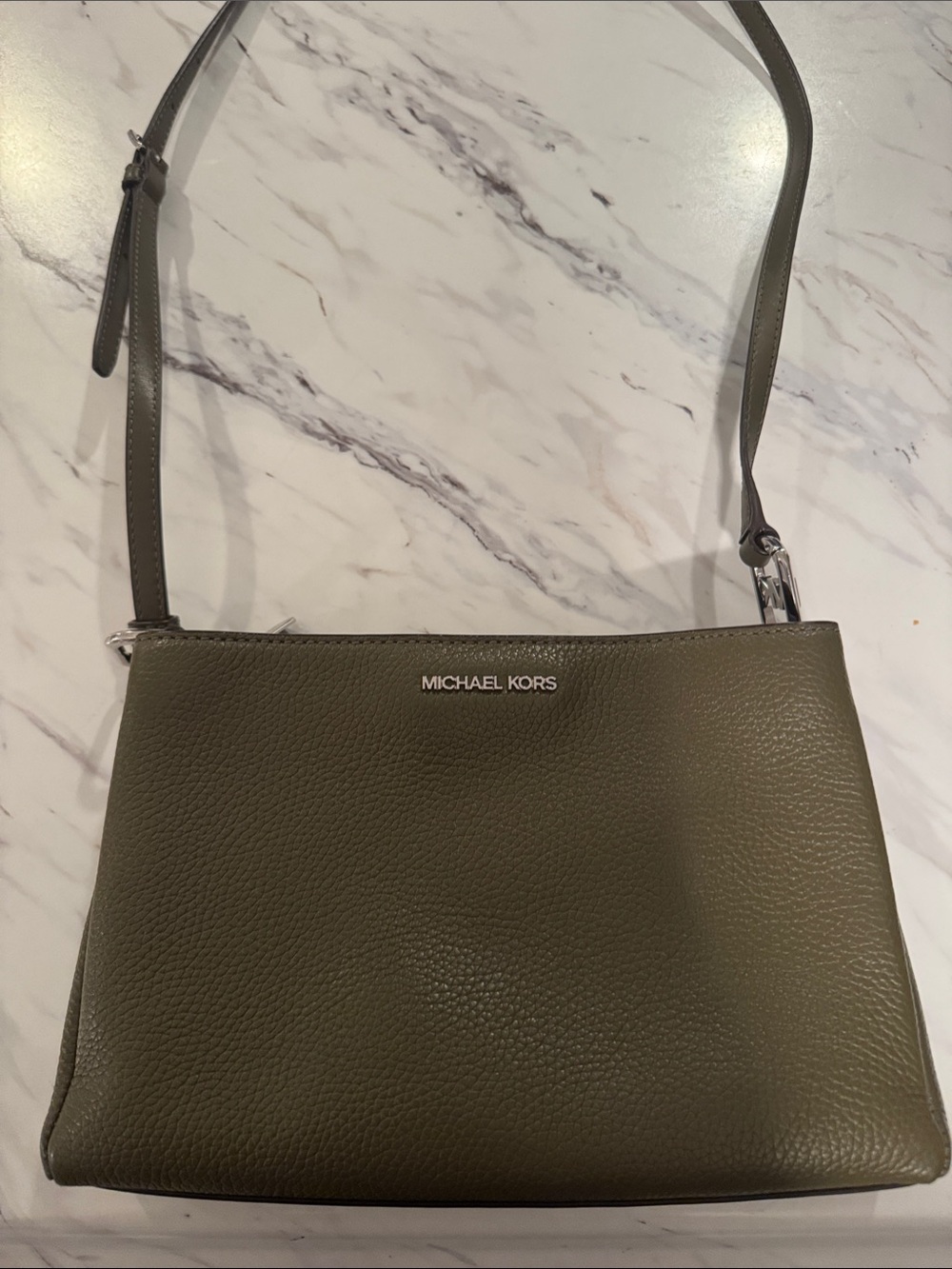 Michael Kors Olive Leather Crossbody with Silver Hardware and Matching Wallet